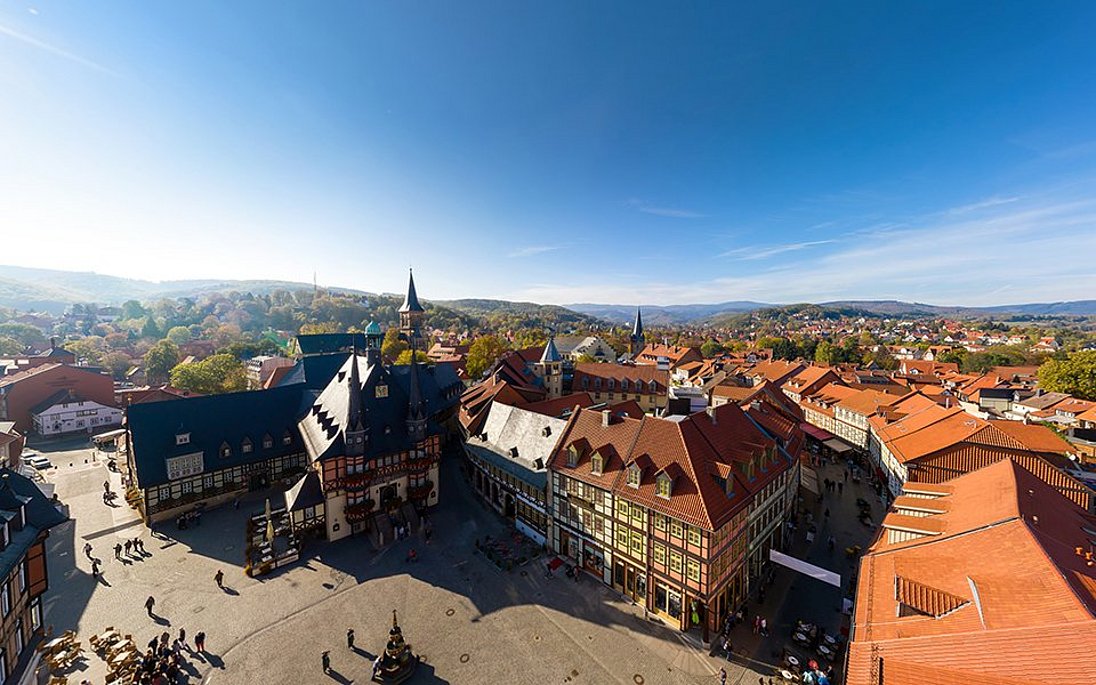 Aerial view of the Hotel Gothisches Haus at the market place Wernigerode in sunshine