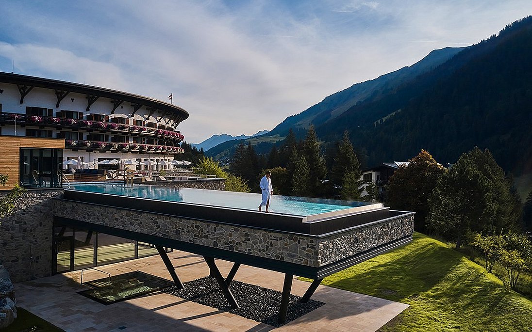 Aerial view of the outdoor pool from Ifen Hotel Kleinwalsertal